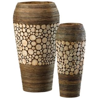 Set of 2 Birch and Walnut Wood Slice Oblong Vases   #R0701