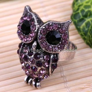 Purple Adjustable Tibet Silver Crystal Owl Ring Jewelry