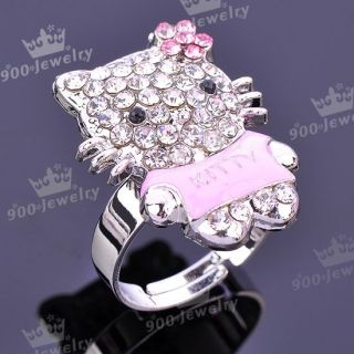 1x Pink Cat Cat Enamel Crystal Adjustable Fashion Finger Ring US6 5