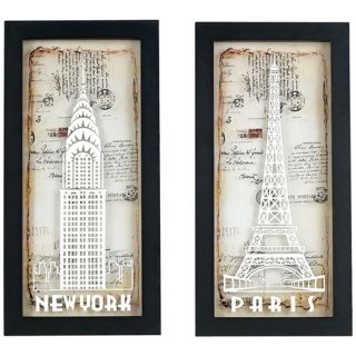 Set of 2 Paris and New York 20" High Glass Wall Art   #N1001