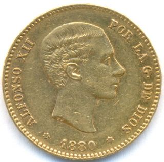 1880 Gold 25 Pesetas Spain Scarce Date 8 06 Grams