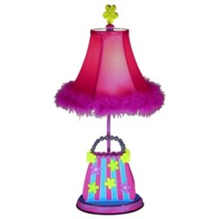 Striped Flower Purse Table Lamp with Pink Feather Shade   #24442