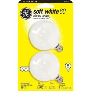 GE 60 Watt G16 1/2 Globe 2 Pack Candelabra Base Light Bulbs   #91032