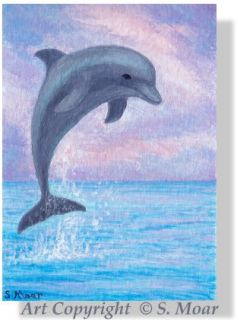 Dolphin Jumping Sunset Ocean Seascape Sea Landscape ACEO Original Art