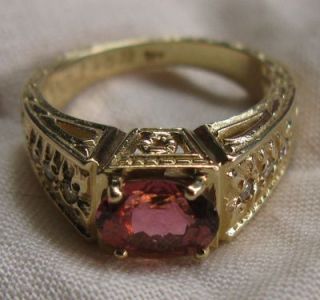 Pink Tourmaline Diamond 1 42ctw VINTAGE14K Yellow Gold Ring Sz7