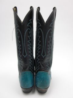 Justin Black Teal Lizard Embroidered Cowboy Boots Sz 6
