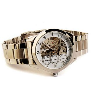 Stainless Steel Band Skeleton Mechanical Wristwatch with Luminous Hand