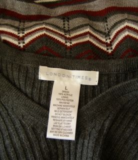 London Times Gray Zig Zag Striped Knit Sweater Dress L Warm Fall
