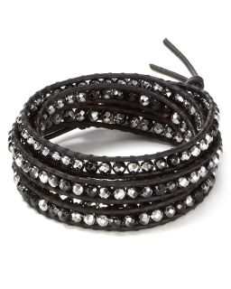 Chan Luu Five Wrap Black and Silver Agate Leather Bracelet