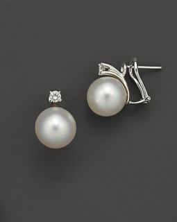 South Sea Pearl Stud Earrings with Diamonds, 10 11mm