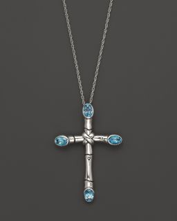 Bamboo Silver Batu Cross Pendant Necklace with Swiss Blue Topaz, 20