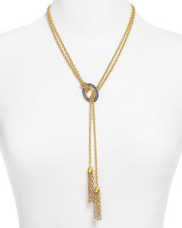 Tahari Soho Worn Gold Blue Stone Tassel Necklace, 20