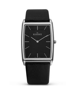 Black with Silver Steel Leather Tank Watch, 32.5mm