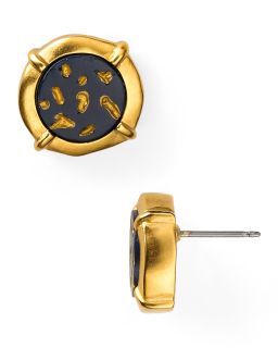 Tahari Soho Worn Gold Blue Stone Button Earrings