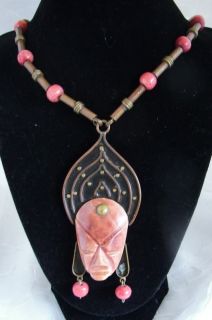 MEXICAN MEXICO COPPER/BRASS HUGE AZTEC CARVED STONE FACE NECKLACE 120g