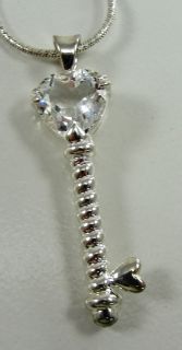 Silver Clear Quartz Heart Twisted Skeleton Key Pendant Necklace Milor
