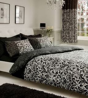 King Size Damask Black White Duvet Cover Pillowcase Bed Set