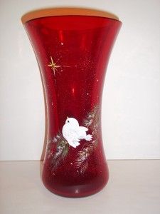 Fenton Glass Ruby Red 10 Vase HP White Bird Jewel Star July Christmas