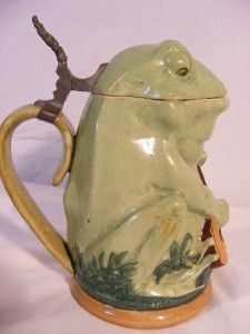 Antique German Pottery Beer Stein Frog Playing Banjo