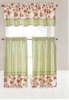 Kitchen Curtain Tiers Valance Set Apple Fruit N Stripes Red Green 60 x