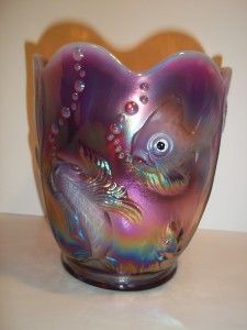 Fenton Glass Plum Opalescent Carnival Atlantis Fish Vase Ed 7 30 Kim