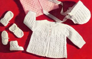 Vintage Baby Sweater Cap Booties Knitting Set Pattern W
