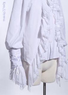 from white polyester fabric with a high collar and ruffles that curve