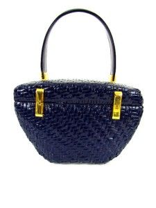 60s Blue Woven Painted Wicker Box Purse Bag Koret Retro Handbag