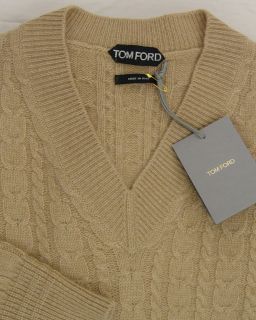 SWEATER $1595 BROWN 100%CASHMERE CABLE KNIT V NECK JUMPER MED 50e NEW