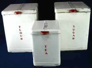 Vintage Kreamer Canisters White Steel Flour Sugar Tea X3