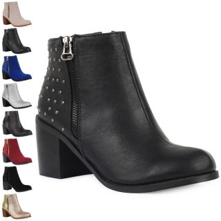 66O Women Studded Zip Detail Block Mid Heel Chelsea Ankle Boots Size