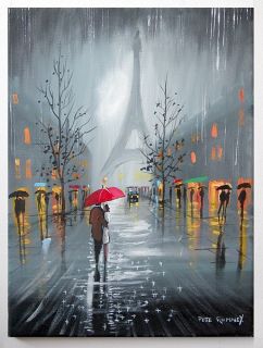 Pete Rumney Art Rain in Paris Eiffel Tower Original Painting Red