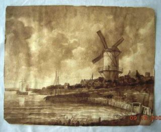 Antique Windmill Sailboat Watercolor Painting Kressley