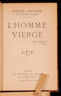 1929 First Edition LHomme Vierge Marcel Prevost French Novel