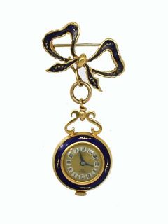 Vintage 18K Gold Enamel Ladies Watch Pin Brooch