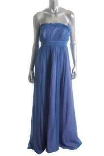 Laila New Blue Crinkled Silk Chiffon Long Strapless Formal Dress Gown
