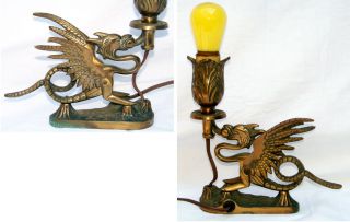 Two Art Bronze Co Antique Griffin Dragon Lamps