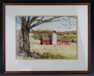 0227 Signed M Lapham Watercolor Painting Landscape Barn Farm Scene