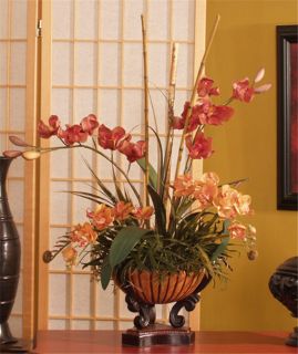 Large Artificial Red Silk Talisman Orchids Flower Arrangement w Bamboo