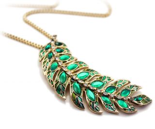 Peacock Green Rhinestone Leaf Pendant Chain Necklaces Womens Necklace