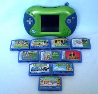 Green LEAPFROG LEAPSTER 2 GAME SYSTEM & 10 Game Cartridges Good Used