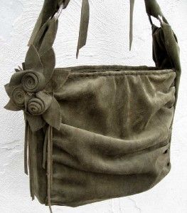 Green Suede Leather Ruched Hand Bag w Flower Pin Leather Lined