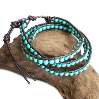 Blue Muse Turquoise Gemstone Tribal Wrap Leather Bracelet