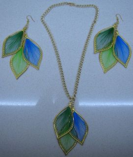 Green Leaf Necklace & Earrings Set Feather Fashion Jewelry Gorgeous