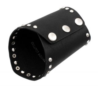 Black Leather 3 Snap Gauntlet Wristband Rhinestones Studs