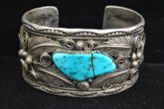 Vintage Navajo M Thomas Sterling Silver Turquoise Cuff Bracelet Old