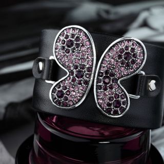 Bendable Black Leather Rhinestone Butterfly Cuff Bracelet Violet
