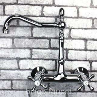 Double Cross Handles Wall Mounted Bridge Kitchen Faucet in Chrome