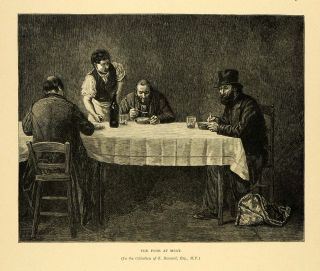 1887 Wood Engraving Poor Meat Alphonse Legros Dinner Table Art Alcohol