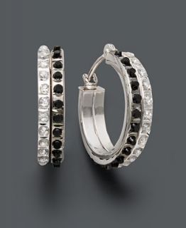14k White Gold Earrings, Black and White Diamond Accent Round Hoop